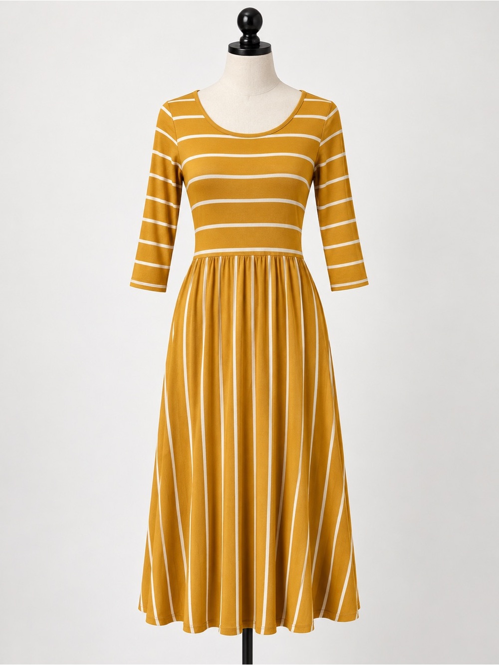 Mustard Yellow Striped Midi Dress Fit Flare Stretch L